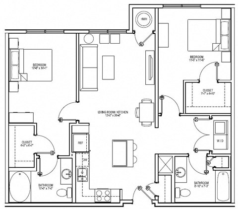 Floor plan for 2 beds, 2 baths, 1080 sqft